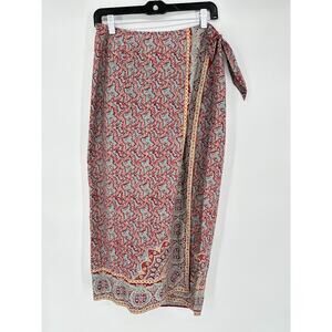 Vintage 90s Y2K Ralph Lauren Red Blue Paisley Maxi Wrap Skirt Size 12P 12 Petite